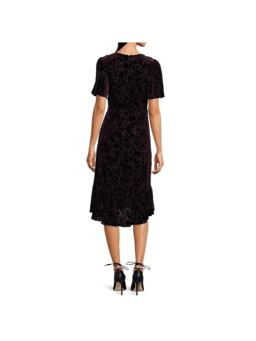π©ποΈ NWT $159 Calvin Klein Purple Short V-Neck Ruffled Hem Faux Wrap Velvet Dress - Picture 4 of 14